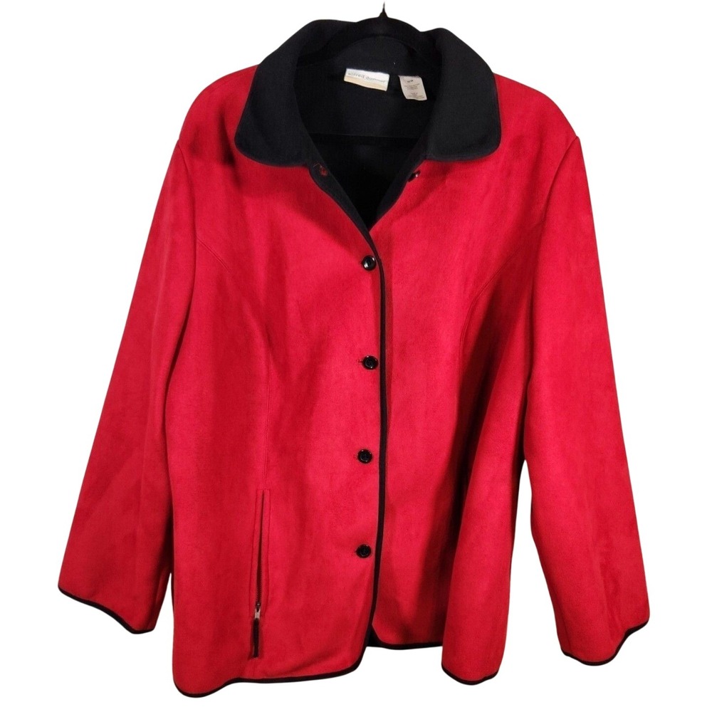 Alfred Dunner 22W $89 Red Faux Suede Black Fleece Button‎ Front Zip Pocket Coat